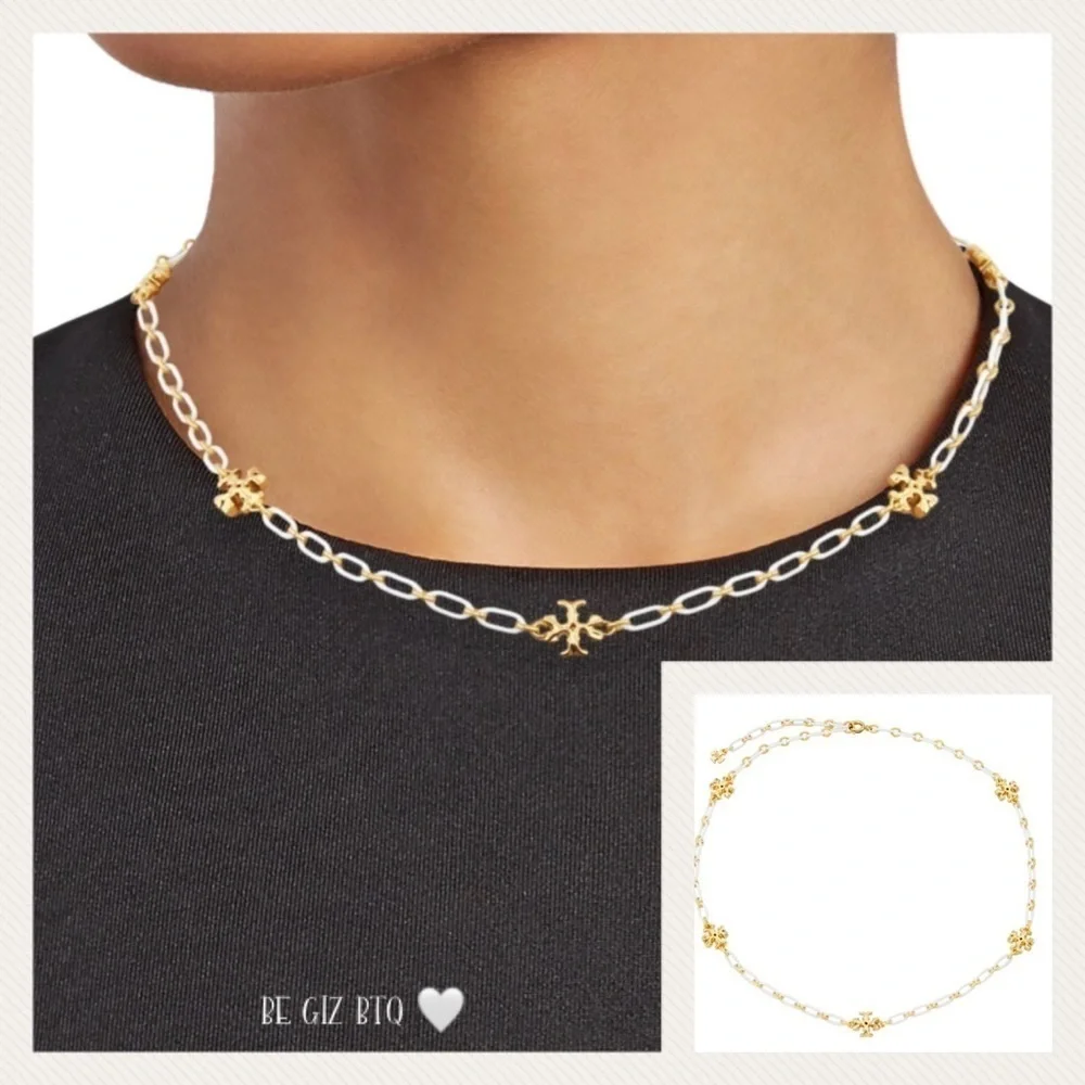 🆕Tory Burch Authentic Roxanne-Gold-Plated & Ivory Acrylic Logo Chain Necklace